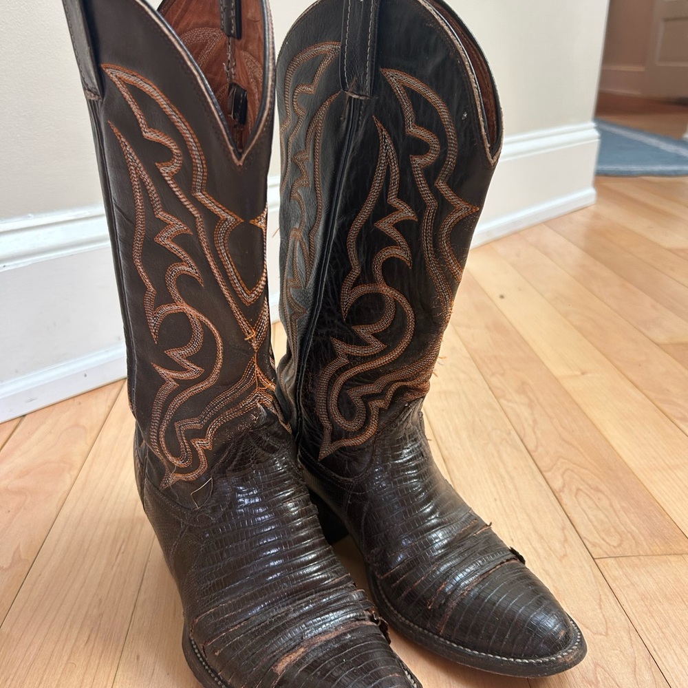 Classic Black and Brown Cowboy Boots with Ornate Stitching